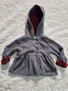 Carter's 12 Month Gray Hooded Baby Coat with Red and Black Plaid Lining